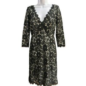 Tadashi Collection Women's Black V-Neck Lace Dress Sz 4 Long Sleeve Knee Length